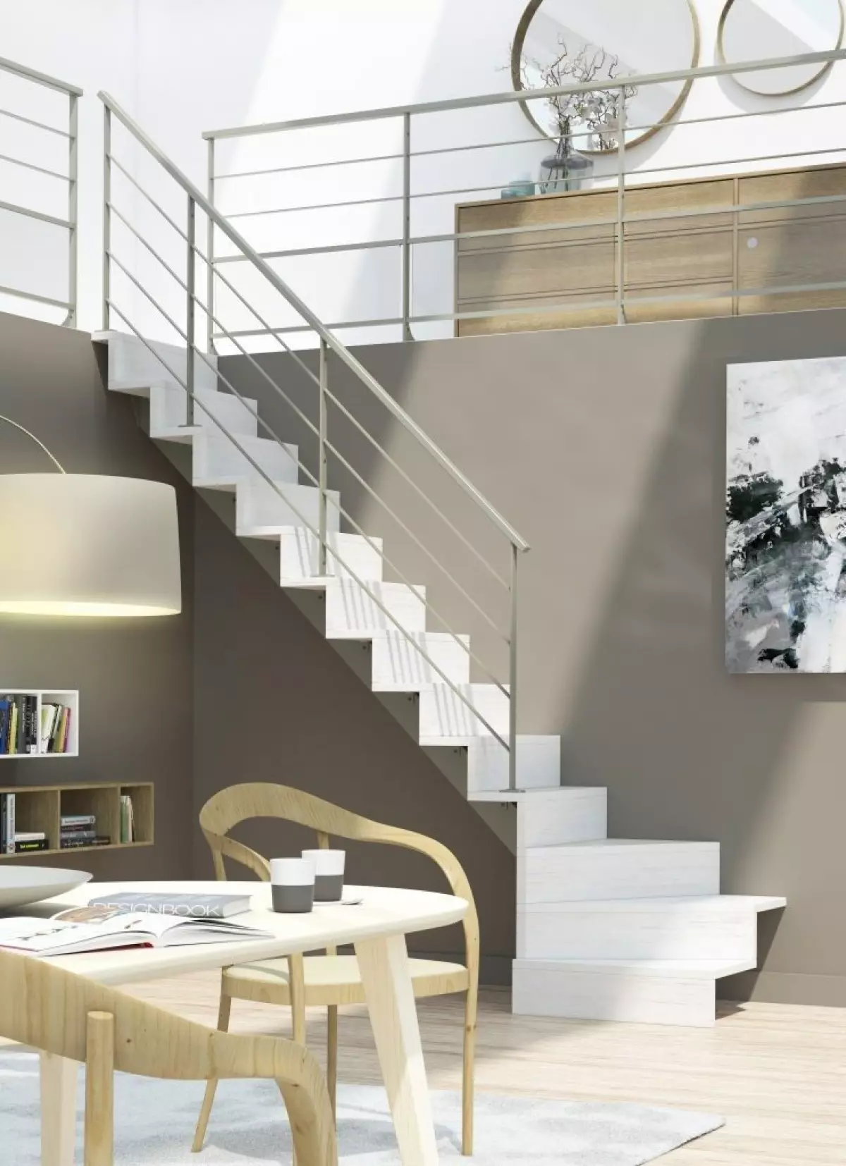 escalier en bois blanc et rampe en métal dans un salon