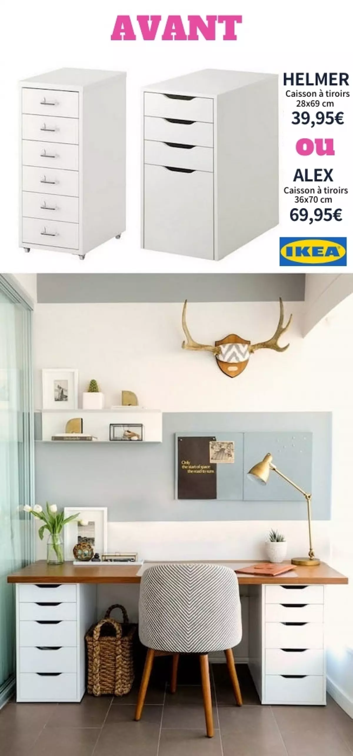 Faites un bureau IKEA avec des caissons de tiroir HELMER ou ALEX.