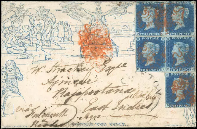 Grande-Bretagne : enveloppe « Mulready » revêtue de cinq 2 pence bleu de 1840 pour Agra, en Inde : 250 000 euros.